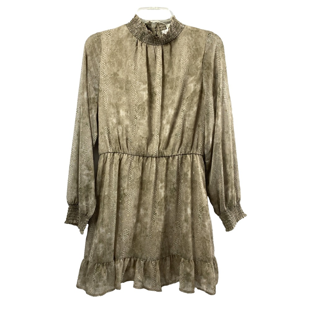 Womens Reptile Print Dress Size Medium Tan Flowy Feminine Fairy Smock Neck Cuffs